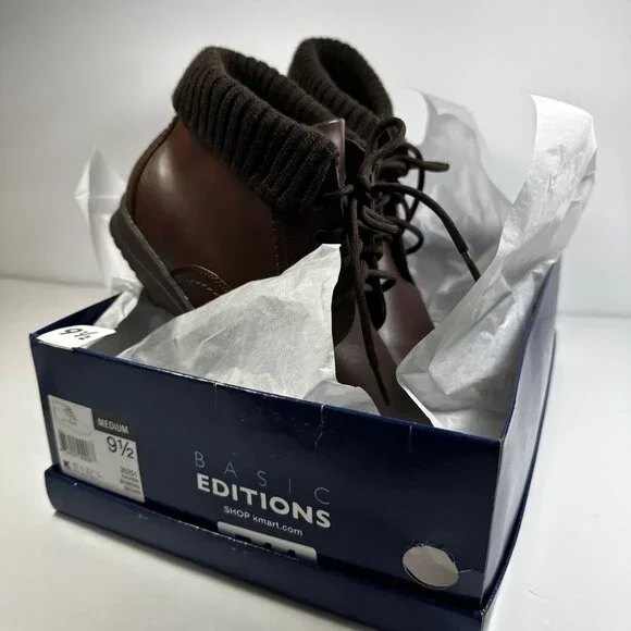 Basic Editions Womens Brown Ankle Boots Size 9.5 Knit Cuff Lace-Up Closure - Picture 3 of 8